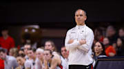 Oregon State head coach Scott Rueck watches his team during the first half as the Oregon State Beavers host Eastern Washington in the first round of the NCAA Tournament Friday, March 22, 2024, at Gill Coliseum in Corvallis, Ore.