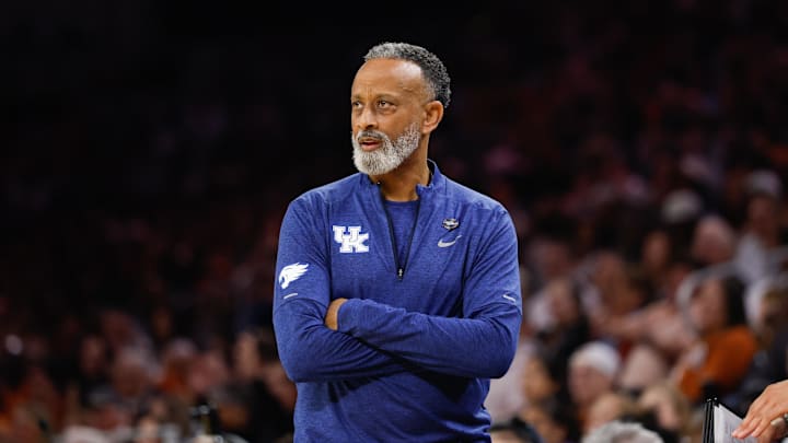 Mar 28, 2026; Fort Worth, TX, USA; Kentucky Wildcats head coach Kenny Brooks looks on from the sideline during the first half against the Texas Longhorns at Dickies Arena. Mandatory Credit: Chris Jones-Imagn Images