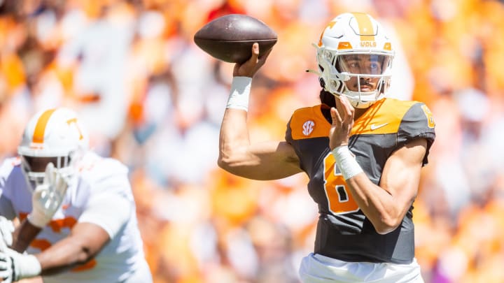 Tennessee quarterback Nico Iamaleava (8) during Tennessee's Orange & White spring football game at Neyland Stadium on Saturday, April 13, 2024.