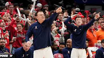 Feb 1, 2024; Columbus, Ohio, USA; Illinois Fighting Illini head coach Brad Underwood motions from