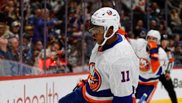 Oct 14, 2024; Denver, Colorado, USA; New York Islanders left wing Anthony Duclair (11) celebrates after his goal in the third period against the Colorado Avalanche at Ball Arena. Mandatory Credit: Isaiah J. Downing-Imagn Images