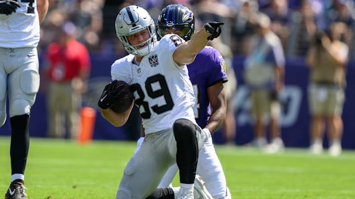 Sep 15, 2024; Baltimore, Maryland, USA; Las Vegas Raiders tight end Brock Bowers (89) reacts after a play during the first half against the Baltimore Ravens at M&T Bank Stadium. Mandatory Credit: Reggie Hildred-Imagn Images