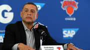 Sep 25, 2017; Greenburgh, NY, USA; New York Knicks general manager Scott Perry speaks to the media on media day at MSG Training Center. Mandatory Credit: Brad Penner-Imagn Images
