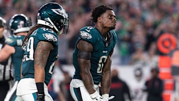 Sep 16, 2024; Philadelphia, Pennsylvania, USA; Philadelphia Eagles safety C.J. Gardner-Johnson (8) reacts after a fourth down stop against the Atlanta Falcons during the fourth quarter at Lincoln Financial Field. Mandatory Credit: Bill Streicher-Imagn Images