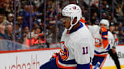 Oct 14, 2024; Denver, Colorado, USA; New York Islanders left wing Anthony Duclair (11) celebrates after his goal in the third period against the Colorado Avalanche at Ball Arena. Mandatory Credit: Isaiah J. Downing-Imagn Images