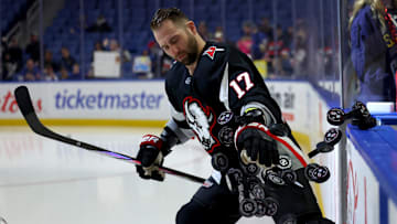 Apr 8, 2025; Buffalo, New York, USA;  Buffalo Sabres left wing Jason Zucker (17) takes to the ice before a game against the Carolina Hurricanes at KeyBank Center. Mandatory Credit: Timothy T. Ludwig-Imagn Images