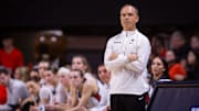 Oregon State head coach Scott Rueck watches his team during the first half as the Oregon State Beavers host Eastern Washington in the first round of the NCAA Tournament Friday, March 22, 2024, at Gill Coliseum in Corvallis, Ore.