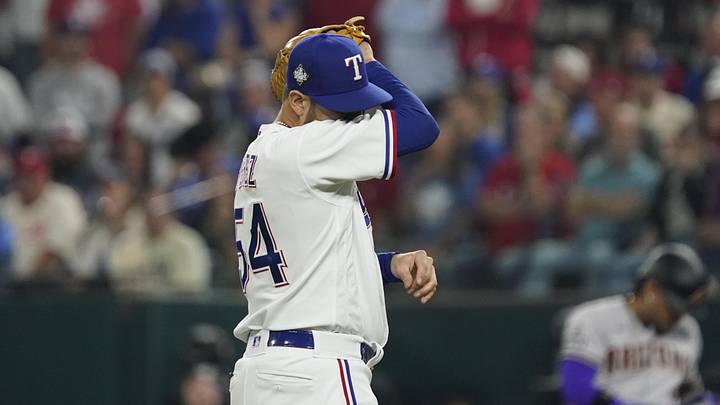 Oct 28, 2023; Arlington, TX, USA; Texas Rangers starting pitcher Martin Perez (54) reacts after