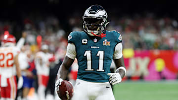 Feb 9, 2025; New Orleans, LA, USA; Philadelphia Eagles wide receiver A.J. Brown (11) reacts after making a catch against the Kansas City Chiefs during the first half of Super Bowl LIX at Caesars Superdome. Mandatory Credit: Geoff Burke-Imagn Images