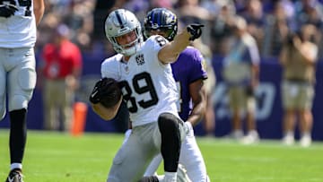 Sep 15, 2024; Baltimore, Maryland, USA; Las Vegas Raiders tight end Brock Bowers (89) reacts after a play during the first half against the Baltimore Ravens at M&T Bank Stadium. Mandatory Credit: Reggie Hildred-Imagn Images