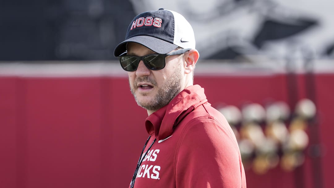 Apr 2, 2026; Fayetteville, AR, USA;  Arkansas Razorbacks head coach Ryan Silverfield looks over the field during spring practice at the Arkansas Razorbacks practice facilities. Mandatory Credit: Brett Rojo-Imagn Images