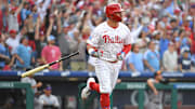 Philadelphia Phillies designated hitter Kyle Schwarber (12) watches his two-run home run during the seventh inning against the Colorado Rockies at Citizens Bank Park.