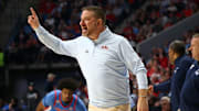 Feb 1, 2025; Oxford, Mississippi, USA; Mississippi Rebels head coach Chris Beard reacts during the first half against the Auburn Tigers at The Sandy and John Black Pavilion at Ole Miss. Mandatory Credit: Petre Thomas-Imagn Images