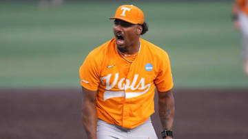 Tennessee pitcher Marcus Phillips (23) celebrates after striking out a batter during a NCAA regional baseball game between the Tennessee Volunteers and Cincinnati Bearcats at Lindsey Nelson Stadium in Knoxville, Tenn., on May 31, 2025.