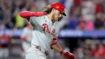 Sep 20, 2024; New York City, New York, USA; Philadelphia Phillies third baseman Alec Bohm (28) rounds the bases after hitting a three run home run against the New York Mets during the fourth inning at Citi Field. Mandatory Credit: Brad Penner-Imagn Images