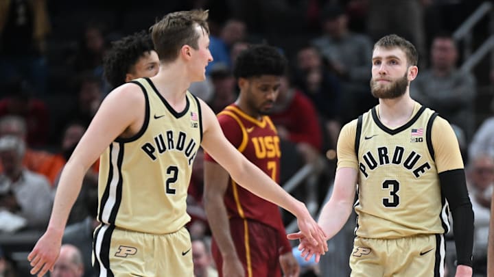 Purdue Boilermakers guard Fletcher Loyer (2) high-fives guard Braden Smith (3) Purdue Boilermakers guard Fletcher Loyer (2) high-fives guard Braden Smith (3)
