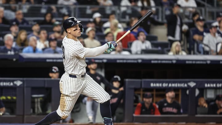 New York Yankees center fielder Aaron Judge (99) hits a solo home run in the seventh inning against the Cleveland Guardians at Yankee Stadium on Aug 21.