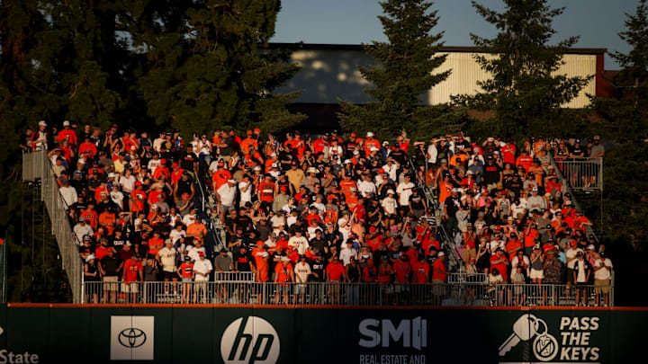 Oregon State fans chant watch game 2 of the NCAA Super Regional against Florida State at Goss Stadium on Saturday, June 7, 2025 in Corvallis.