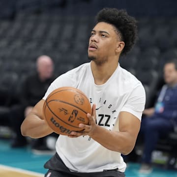 Mar 31, 2025; Charlotte, North Carolina, USA; Utah Jazz guard Jaden Springer (11) shoots during pregame warmups at Spectrum Center. Mandatory Credit: Jim Dedmon-Imagn Images