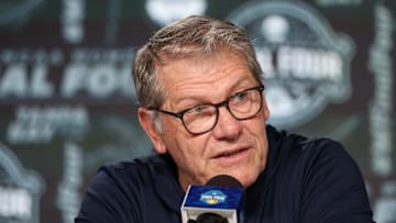 Apr 5, 2025; Tampa, FL, USA; UConn Huskies head coach Geno Auriemma talks to media before the NCAA Woman’s Final practice at Amalie Arena. Mandatory Credit: Nathan Ray Seebeck-Imagn Images