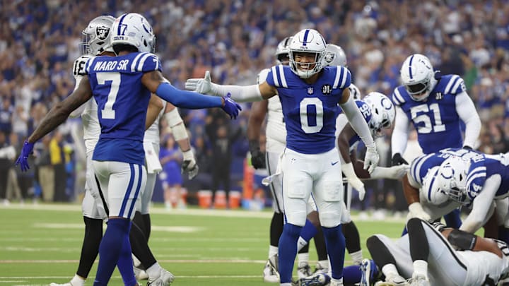 Indianapolis Colts safety Cam Bynum and cornerback Charvarius Ward celebrate during the team's 40-6 win over the Las Vegas Raiders. 