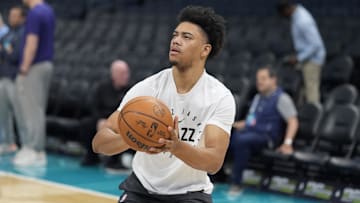 Mar 31, 2025; Charlotte, North Carolina, USA; Utah Jazz guard Jaden Springer (11) shoots during pregame warmups at Spectrum Center. Mandatory Credit: Jim Dedmon-Imagn Images