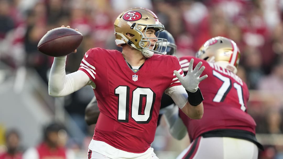 Oct 19, 2025; Santa Clara, California, USA; San Francisco 49ers quarterback Mac Jones (10) throws a pass during the second quarter against the Atlanta Falcons at Levi's Stadium. Mandatory Credit: Kyle Terada-Imagn Images Oct 19, 2025; Santa Clara, California, USA; San Francisco 49ers quarterback Mac Jones (10) throws a pass during the second quarter against the Atlanta Falcons at Levi's Stadium. Mandatory Credit: Kyle Terada-Imagn Images