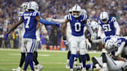 Oct 5, 2025; Indianapolis, Indiana, USA; Indianapolis Colts safety Cam Bynum (0) high fives cornerback Charvarius Ward (7) after an interception against the Las Vegas Raiders during the second quarter at Lucas Oil Stadium. Mandatory Credit: Trevor Ruszkowski-Imagn Images