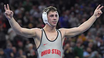 Mar 22, 2025; Philadelphia, PA, USA; Jesse Mendez of the Ohio State Buckeyes celebrates win during the Division I Men's Wrestling Championship held at Wells Fargo Center. Mandatory Credit: Eric Hartline-Imagn Images