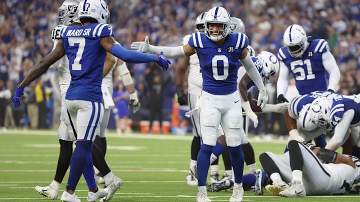 Oct 5, 2025; Indianapolis, Indiana, USA; Indianapolis Colts safety Cam Bynum (0) high fives cornerback Charvarius Ward (7) after an interception against the Las Vegas Raiders during the second quarter at Lucas Oil Stadium. Mandatory Credit: Trevor Ruszkowski-Imagn Images Oct 5, 2025; Indianapolis, Indiana, USA; Indianapolis Colts safety Cam Bynum (0) high fives cornerback Charvarius Ward (7) after an interception against the Las Vegas Raiders during the second quarter at Lucas Oil Stadium. Mandatory Credit: Trevor Ruszkowski-Imagn Images