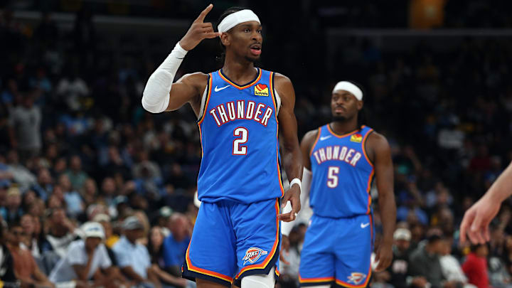 Apr 26, 2025; Memphis, Tennessee, USA; Oklahoma City Thunder guard Shai Gilgeous-Alexander (2) reacts during the fourth quarter against the Memphis Grizzlies during game four for the first round of the 2024 NBA Playoffs at FedExForum. Mandatory Credit: Petre Thomas-Imagn Images