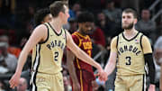 Purdue guards Fletcher Loyer (2) and Braden Smith (3) slap hands during the Big Ten Tournament in Indianapolis last week.