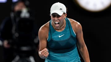 Jan 23, 2025; Melbourne, Victoria, Australia; Madison Keys of United States of America celebrates during her match against Iga Swiatek of Poland in the semifinals of the women's singles at the 2025 Australian Open at Melbourne Park. Mandatory Credit: Mike Frey-Imagn Images