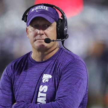 Kansas State Wildcats head coach Chris Klieman looks on during the fourth quarter of the game against Arizona at Bill Snyder Family Stadium on Friday, September 13, 2024.