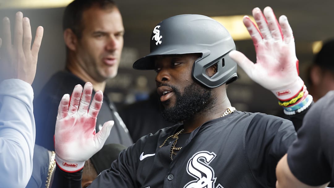 Sep 29, 2024; Detroit, Michigan, USA; Chicago White Sox third baseman Bryan Ramos (44) receives congratulations from teammates after scoring in the second inning against the Detroit Tigers at Comerica Park. Mandatory Credit: Rick Osentoski-Imagn Images Sep 29, 2024; Detroit, Michigan, USA; Chicago White Sox third baseman Bryan Ramos (44) receives congratulations from teammates after scoring in the second inning against the Detroit Tigers at Comerica Park. Mandatory Credit: Rick Osentoski-Imagn Images