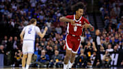 Mar 29, 2025; Newark, NJ, USA; Alabama Crimson Tide guard Labaron Philon (0) celebrates after making a three pointer during the first half added in the East Regional final of the 2025 NCAA tournament at Prudential Center. Mandatory Credit: Vincent Carchietta-Imagn Images