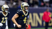 Jan 7, 2024; New Orleans, Louisiana, USA;  New Orleans Saints quarterback Derek Carr (4) celebrates
