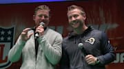 Oct 21, 2017; London, United Kingdom; Los Angeles Rams general manager Les Snead (left) and coach Sean McVay on stage during NFL UK Live at The Mermaid London. Mandatory Credit: Kirby Lee-Imagn Images
