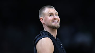 Kristaps Porzingis warming up for the Boston Celtics during the 2024 NBA-Finals. 