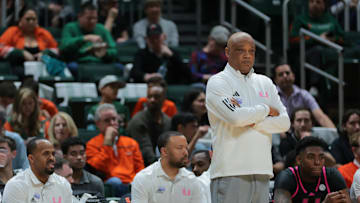 Jan 29, 2025; Coral Gables, Florida, USA; Miami Hurricanes interim head coach Bill Courtney watches from the sideline against the Virginia Cavaliers during the second half at Watsco Center. Mandatory Credit: Sam Navarro-Imagn Images