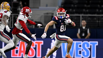 Jan 30, 2025; Arlington, TX, USA; East wide receiver Efton Chism of Eastern Washington (81) eludes West defensive back Robert Longerbeam of Rutgers (20) during the first half at AT&T Stadium.