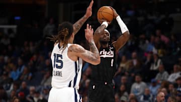 Nov 25, 2024; Memphis, Tennessee, USA; Portland Trail Blazers forward Jerami Grant (9) attempts a three point basket during the first half against the Memphis Grizzlies at FedExForum. Mandatory Credit: Petre Thomas-Imagn Images