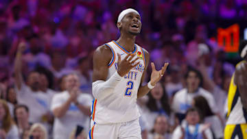 Jun 5, 2025; Oklahoma City, Oklahoma, USA; Oklahoma City Thunder guard Shai Gilgeous-Alexander (2) celebrates making a basket against the Indiana Pacers during the first quarter during game one of the 2025 NBA Finals at Paycom Center. Mandatory Credit: Alonzo Adams-Imagn Images