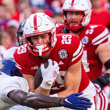 Sep 14, 2024; Lincoln, Nebraska, USA; Nebraska Cornhuskers wide receiver Carter Nelson (29) runs after a catch against Northern Iowa Panthers defensive back JJ Dervil (3) during the first quarter at Memorial Stadium.