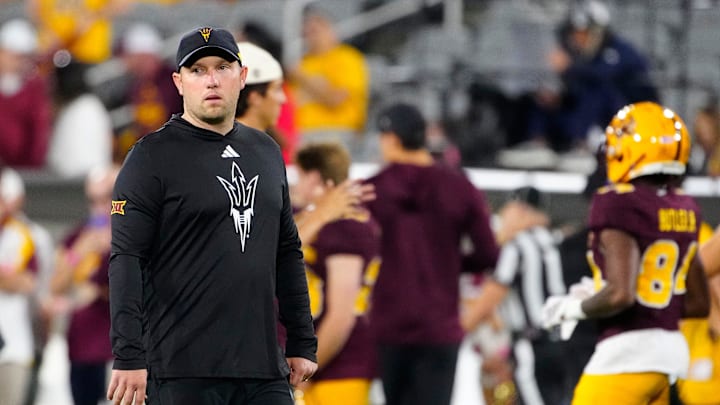 Arizona State head coach Kenny Dillingham walks the field prior to a game against Arizona at Mountain America Stadium in Tempe, on Nov. 28, 2025.