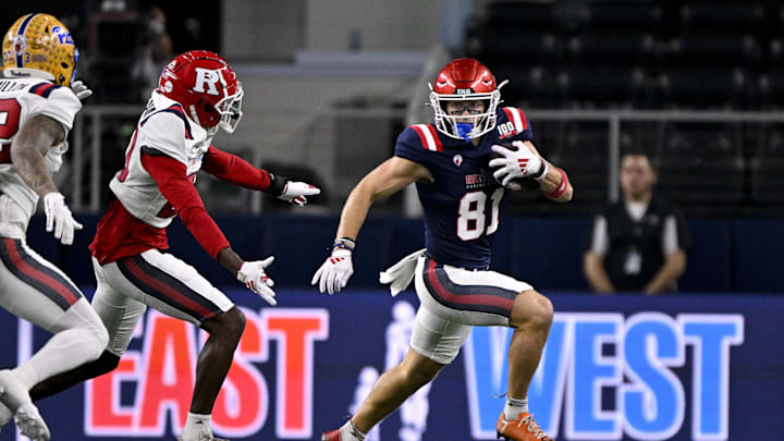 Jan 30, 2025; Arlington, TX, USA; East wide receiver Efton Chism of Eastern Washington (81) eludes West defensive back Robert Longerbeam of Rutgers (20) during the first half at AT&T Stadium.