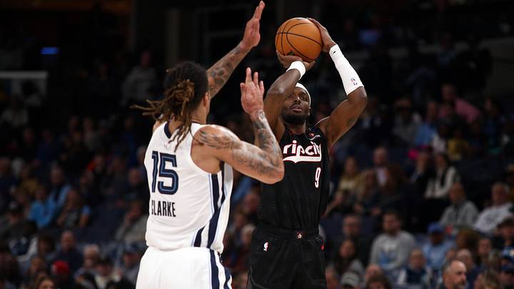 Nov 25, 2024; Memphis, Tennessee, USA; Portland Trail Blazers forward Jerami Grant (9) attempts a three point basket during the first half against the Memphis Grizzlies at FedExForum. Mandatory Credit: Petre Thomas-Imagn Images
