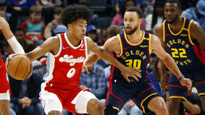Dec 19, 2024; Memphis, Tennessee, USA; Memphis Grizzlies forward Jaylen Wells (0) dribbles as Golden State Warriors guard Stephen Curry (30) defends during the third quarter at FedExForum. Mandatory Credit: Petre Thomas-Imagn Images Dec 19, 2024; Memphis, Tennessee, USA; Memphis Grizzlies forward Jaylen Wells (0) dribbles as Golden State Warriors guard Stephen Curry (30) defends during the third quarter at FedExForum. Mandatory Credit: Petre Thomas-Imagn Images