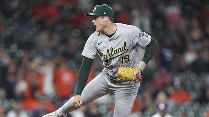 Sep 11, 2024; Houston, Texas, USA; Oakland Athletics relief pitcher Mason Miller (19) delivers a pitch during the ninth inning against the Houston Astros at Minute Maid Park. Mandatory Credit: Troy Taormina-Imagn Images