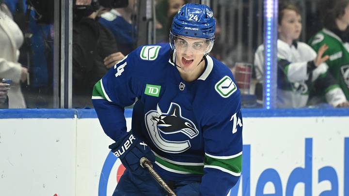 Mar 12, 2026; Vancouver, British Columbia, CAN; Vancouver Canucks defenseman Zeev Buium (24) during warm at Rogers Arena against the Nashville Predators . Mandatory Credit: Simon Fearn-Imagn Images